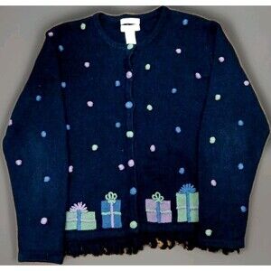 VTG Christopher & Banks Gift Box Cardigan Blue Ramie Cotton Fringe Grannycore M